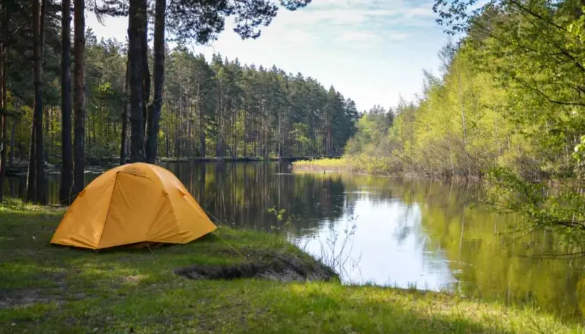 En gul tält vid en spegelblank sjö i en svensk skog. Perfekt för free camping Sweden.