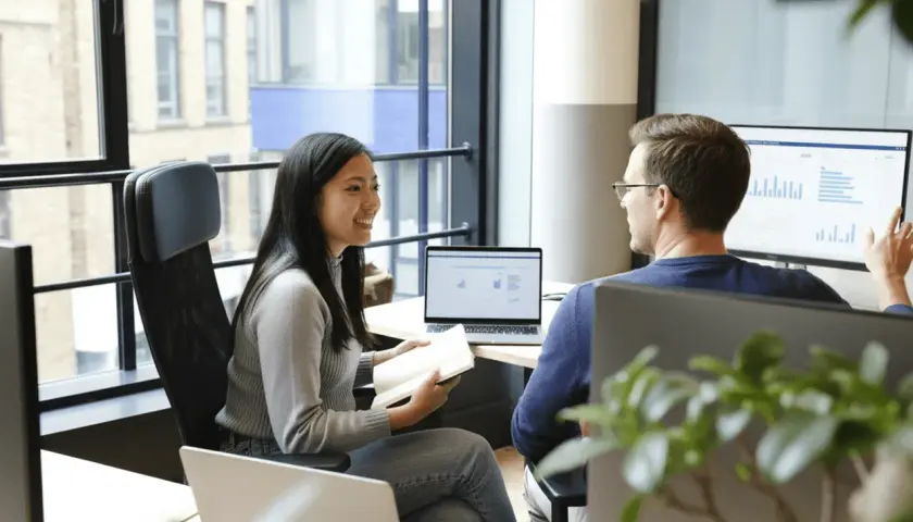 En leende kvinna håller en anteckningsbok medan hon pratar med en man som pekar på en datorskärm. De verkar diskutera affärsstrategier, kanske som en del av deras arbete som account manager.