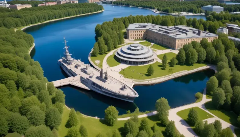 Vrak museum med ett stort fartyg vid kajen, omgivet av grönska och vatten.