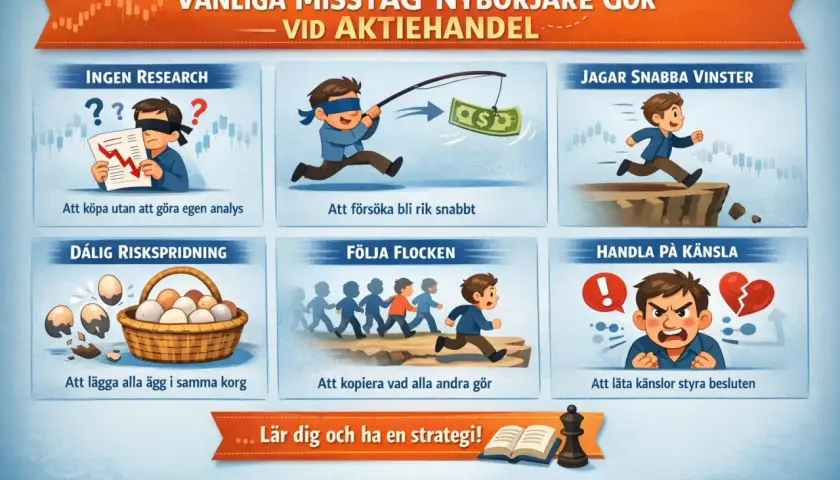Illustrationer visar vanliga misstag vid aktiehandel: ingen research, jaga snabba vinster, dålig riskspridning, följa flocken, handla på känsla. Lär dig och ha en strategi!