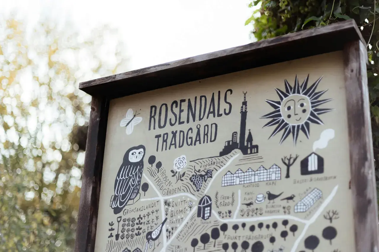 Karta över Rosendals Trädgård med illustrationer av en uggla, fjäril och sol. Perfekt för gratis aktiviteter i Stockholm.