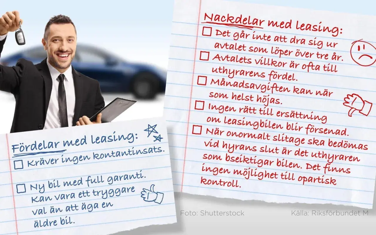 Man håller upp bilnycklar, bredvid en lista över fördelar och nackdelar med leasing. Leasing kostnad kan vara en faktor att överväga.