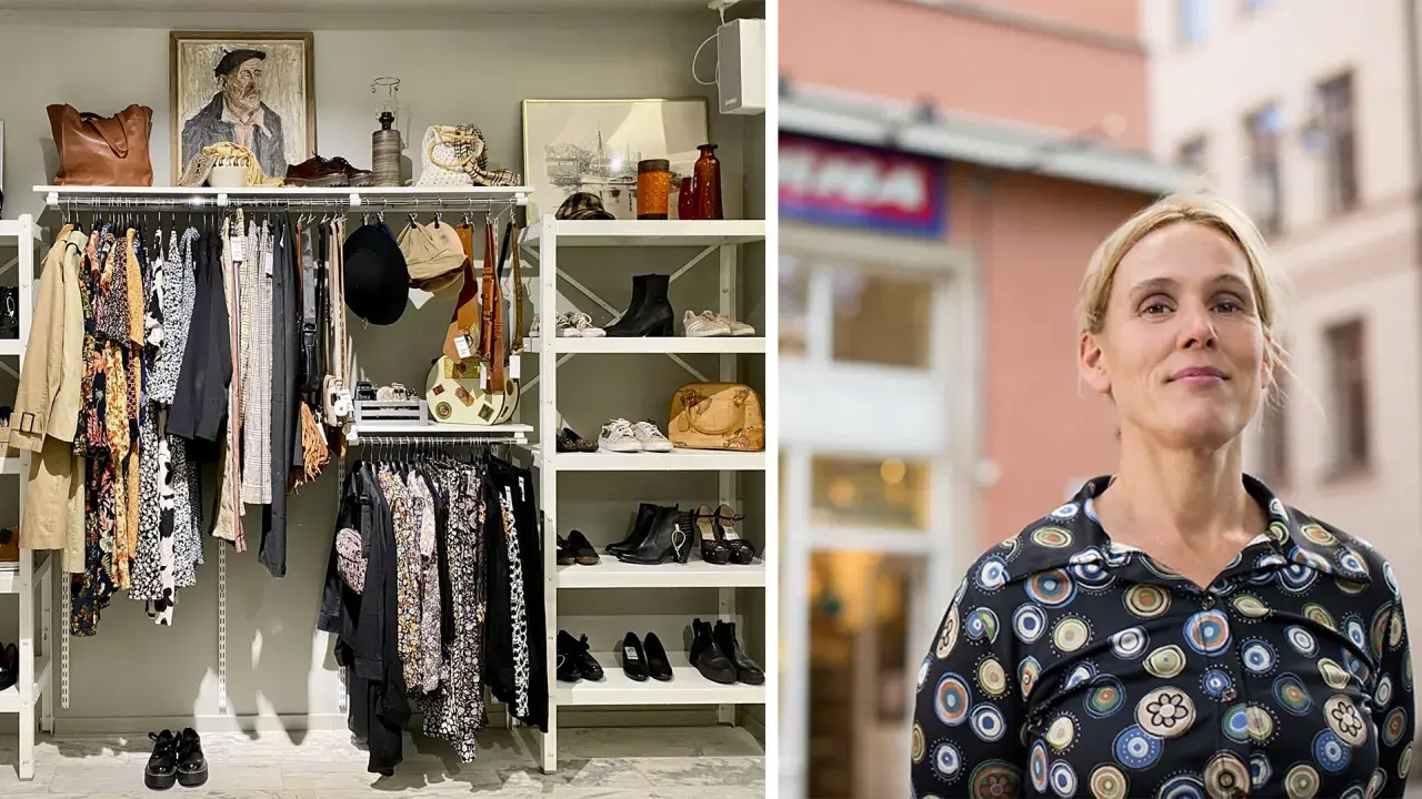 Här finns myrorna lediga jobb! En butik fylld med kläder och skor, och en kvinna utanför.