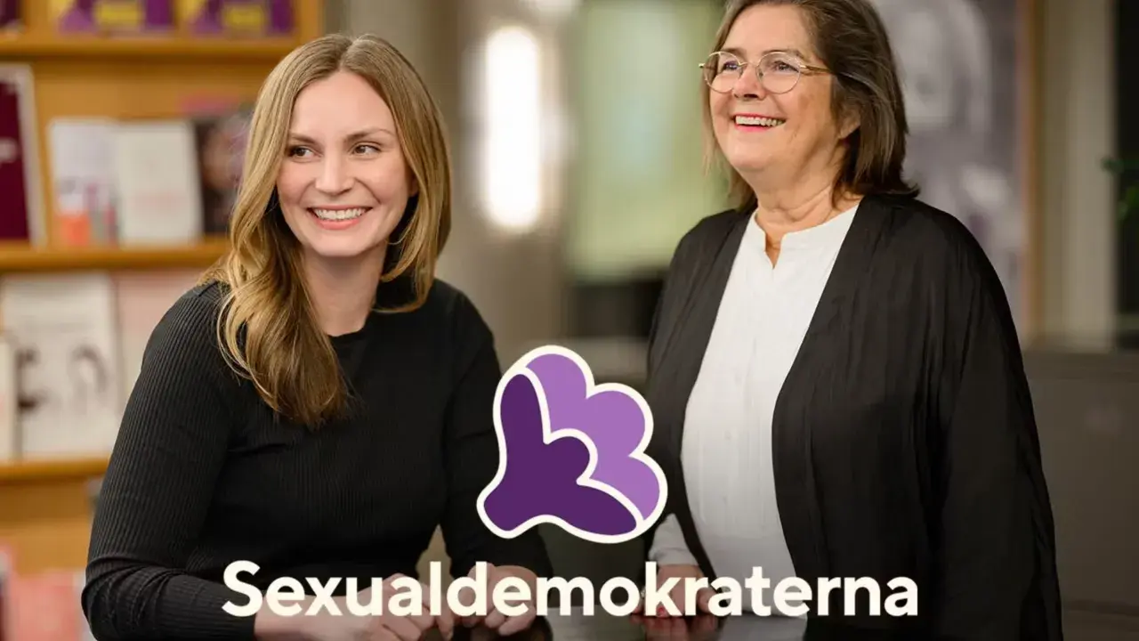 Två leende kvinnor, en yngre och en äldre, med en logotyp och texten "Sexualdemokraterna". De kan vara involverade i sexolog utbildning.