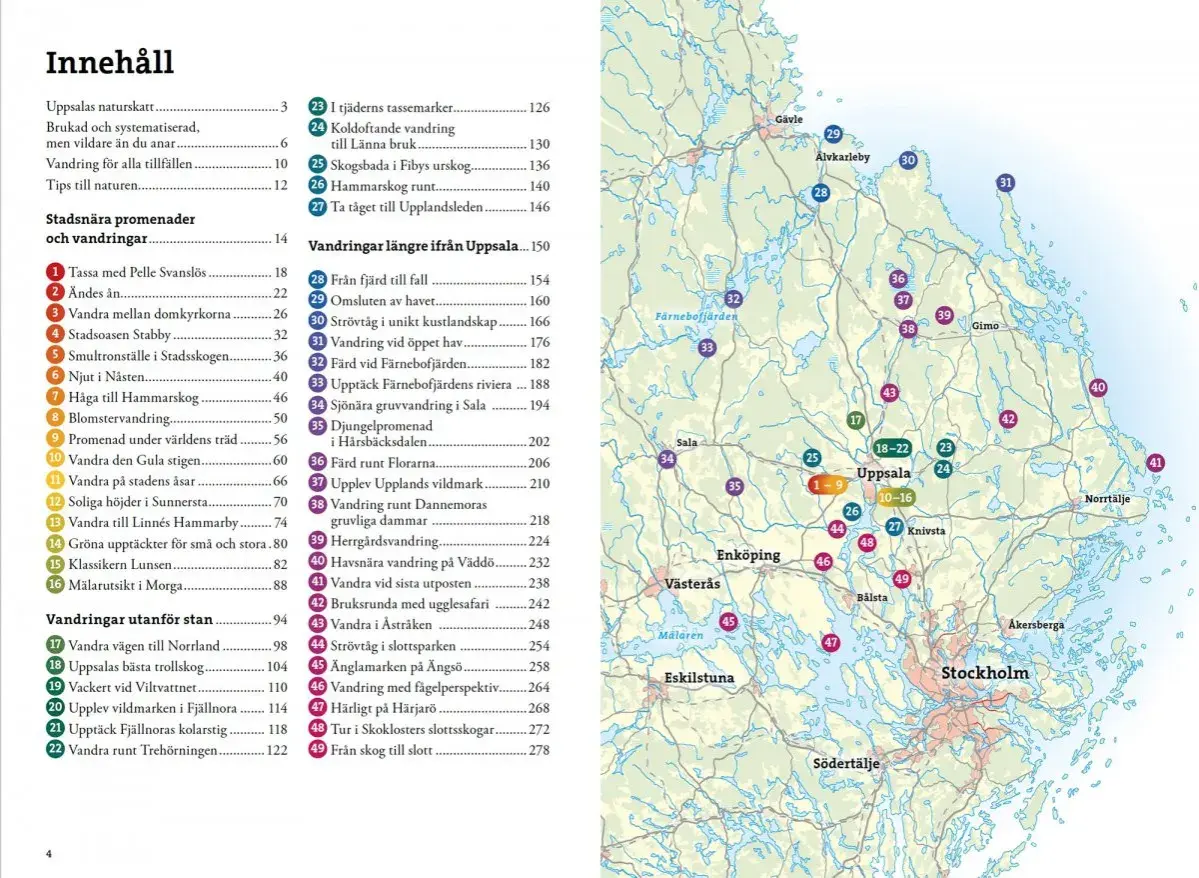 Karta över vandringsleder uppsala och omgivningar. Numrerade cirklar visar olika vandringsområden.