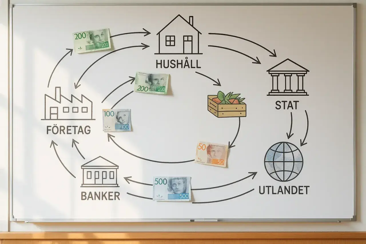 Diagram visar pengaflöden mellan hushåll, företag, banker, staten och utlandet. En visuell guide för att bli ekonomiskt oberoende på 10 år.