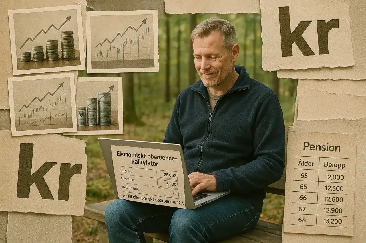 Man använder en kalkylator för ekonomiskt oberoende vid 55. Grafiska illustrationer visar tillväxt och pengar.