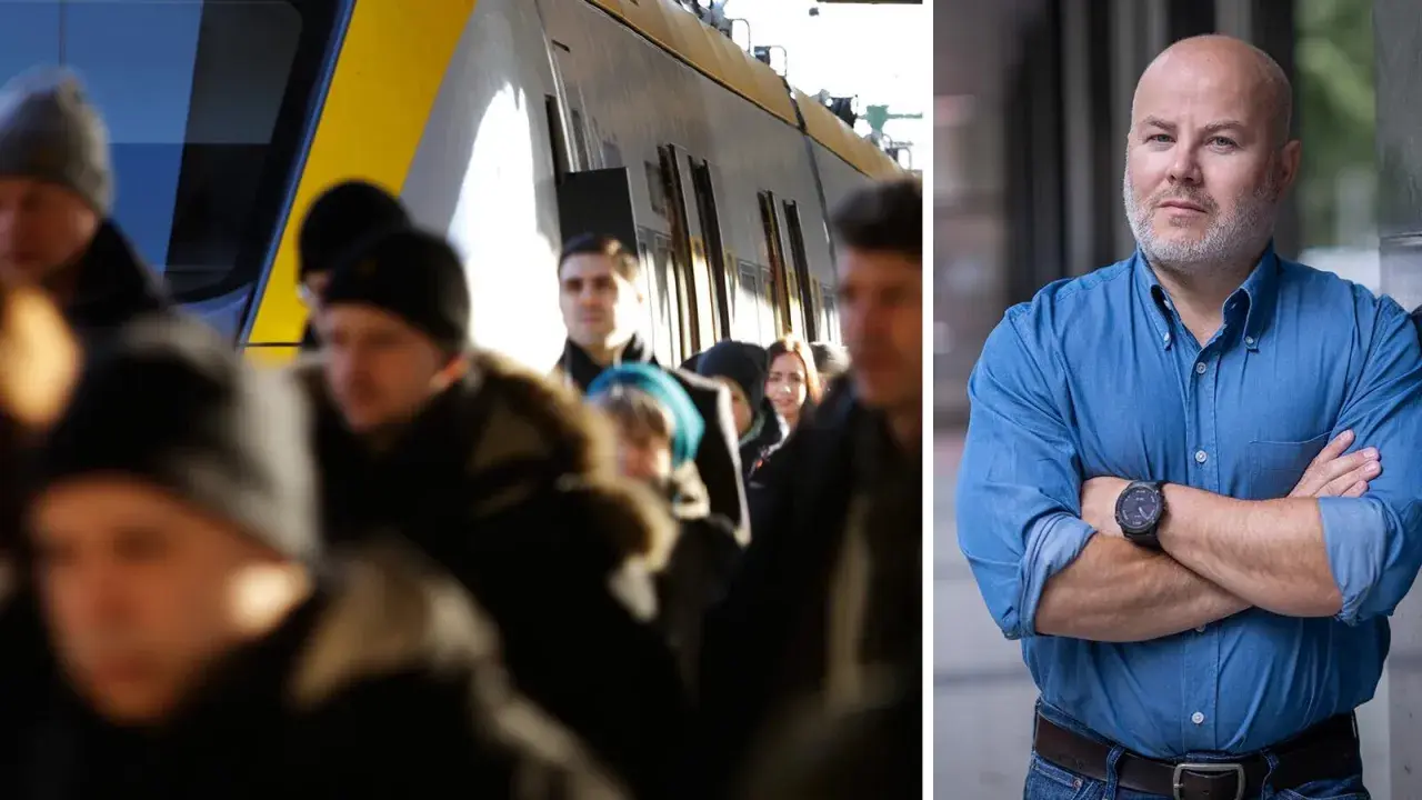 Folk trängs vid tåget, redo för en ny arbetsvecka. Hur många arbetsveckor på ett år? En man i blå skjorta står med armarna i kors.