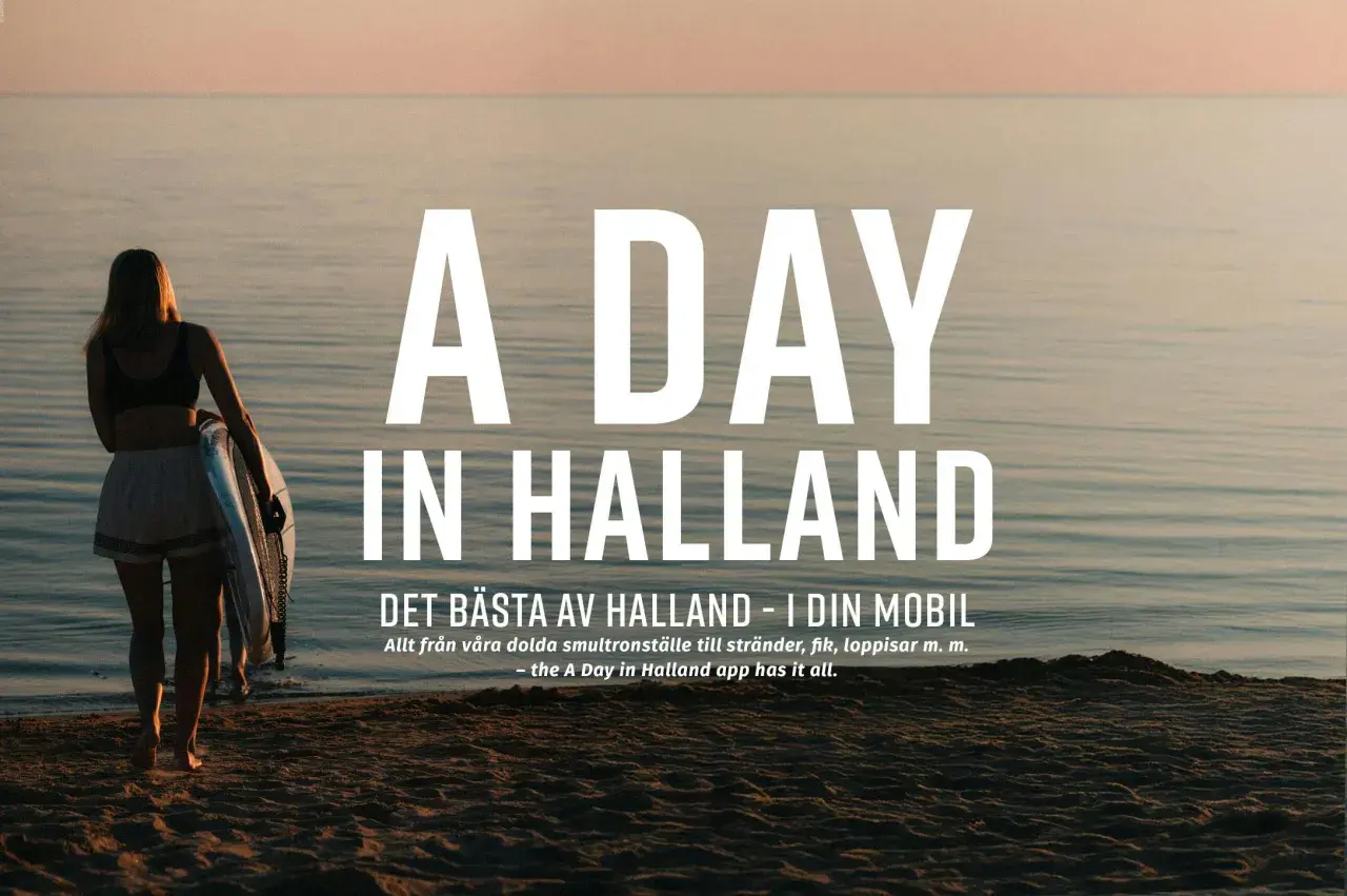 En person med surfbräda går mot vattnet i Halland, Sverige. Texten "A DAY IN HALLAND" syns tydligt.