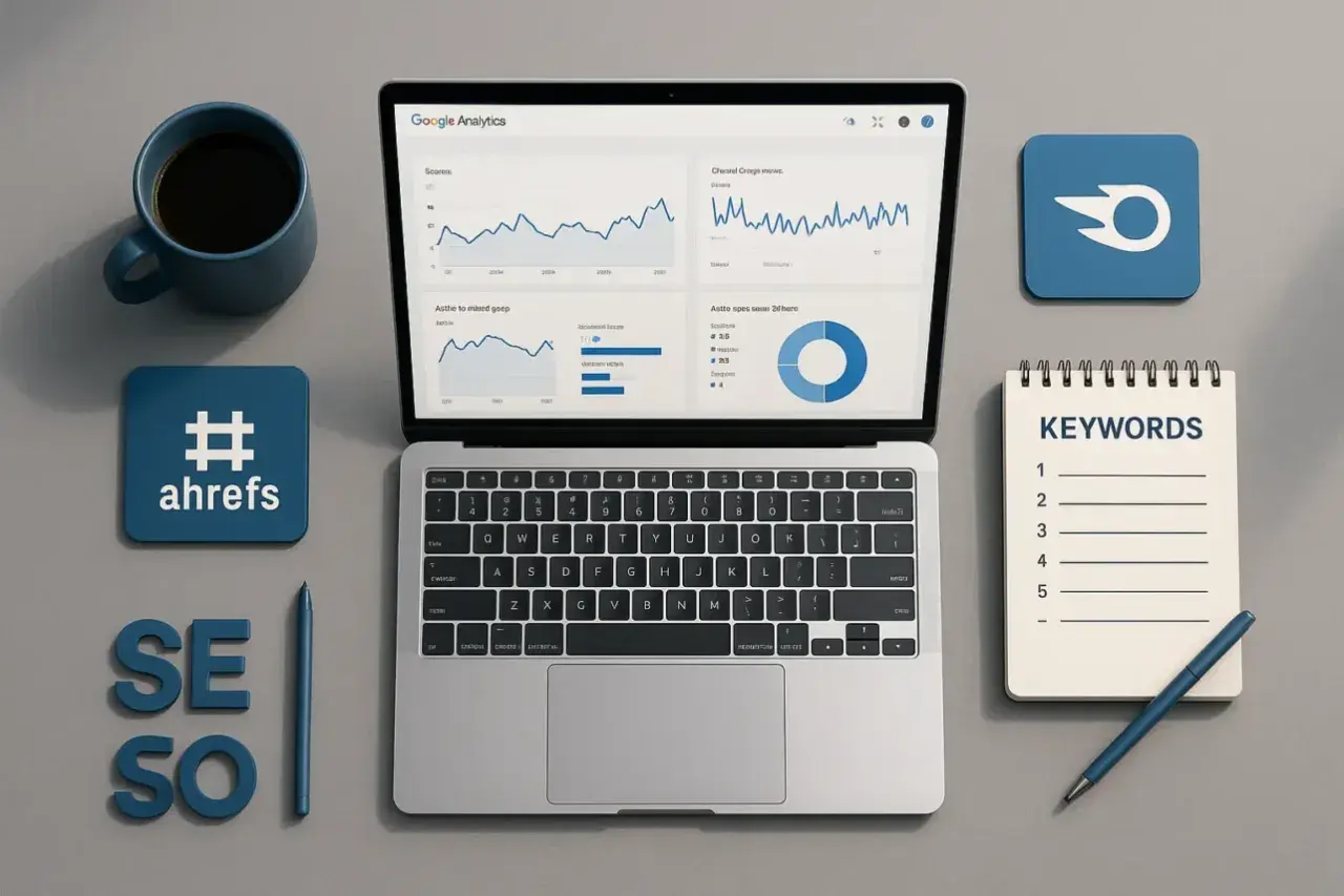En sem specialist arbetar med en laptop som visar Google Analytics, en kaffekopp, Ahrefs-loggan och en lista med nyckelord.