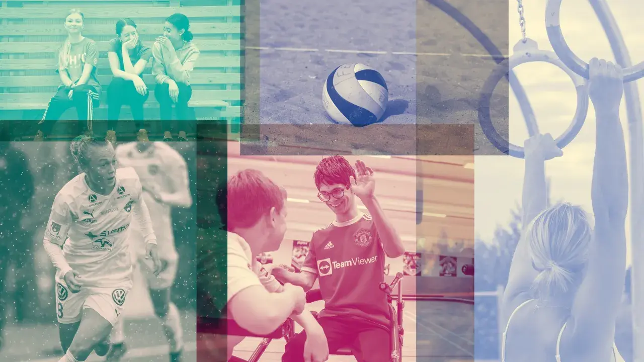 Idrottspsykologi utbildning: fotbollsspelare, beachvolleyboll, gymnastikringar och glada ungdomar.