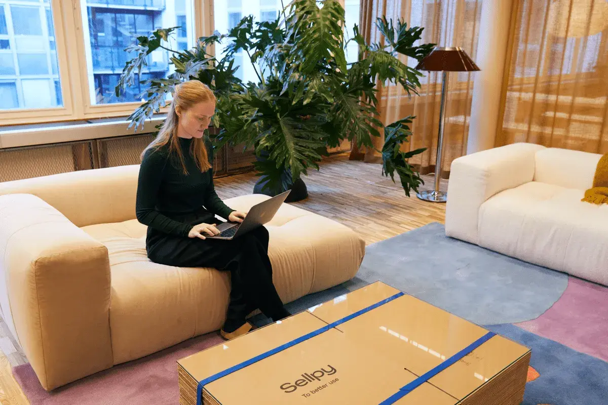 Kvinna jobbar på Sellpy vid ett fönster, med en stor grön växt bakom sig. En Sellpy-förpackning ligger på ett soffbord.