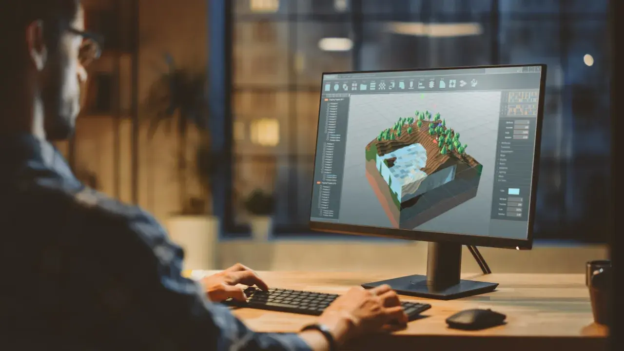 Person arbetar med 3D-modellering på datorn, en karriär som kan nås via korta utbildningar som ger jobb.