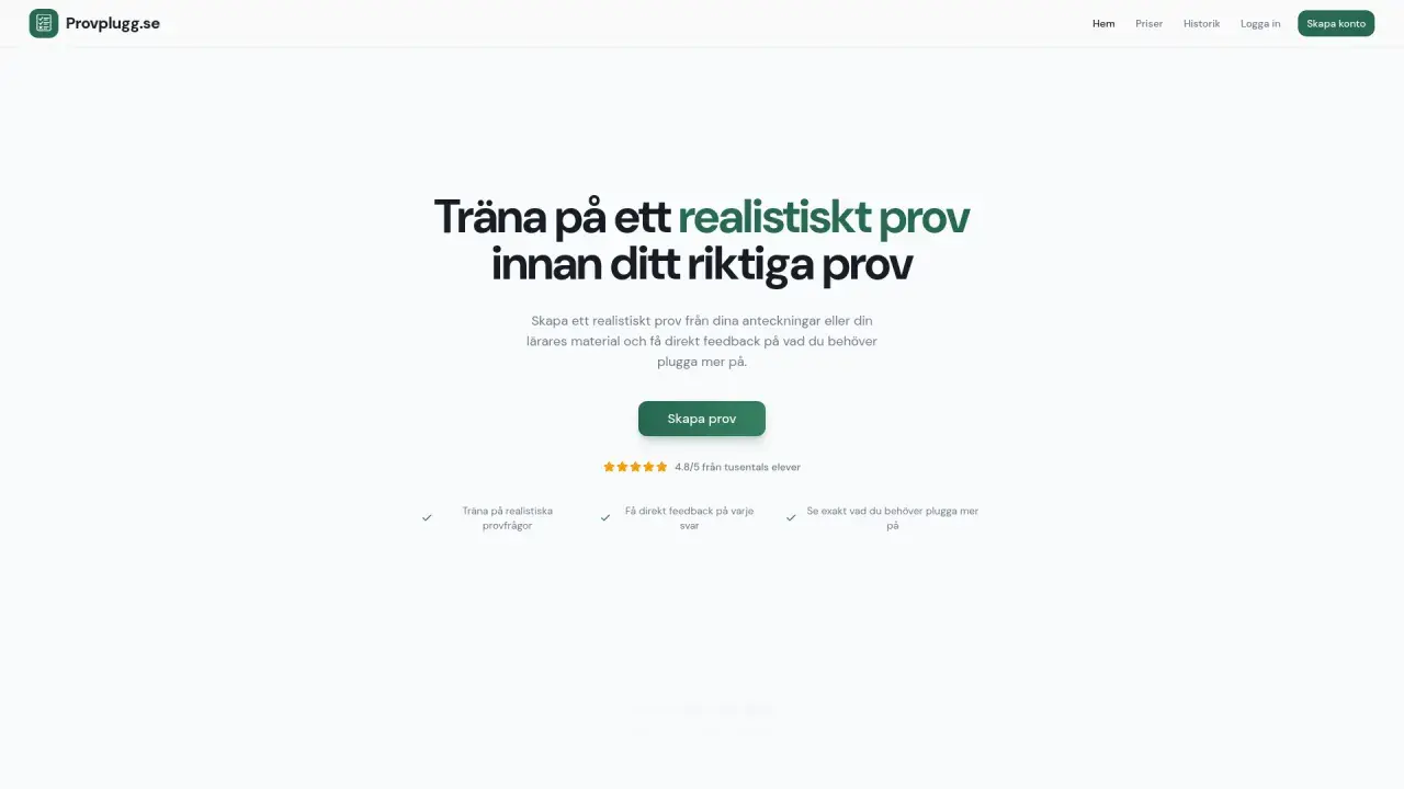 Träna inför ditt gymnasium test med realistiska prov. Skapa egna prov eller använd lärarens material för att öva.