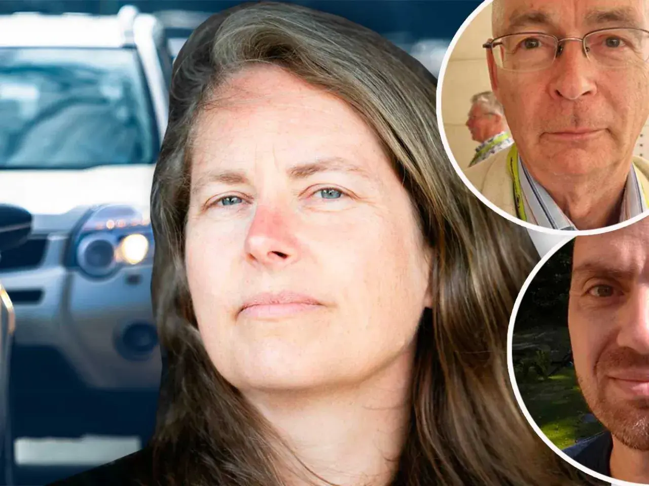 Kvinnan med bilen i bakgrunden och två män i cirklar. Kanske en berättelse om att leva utan bil.