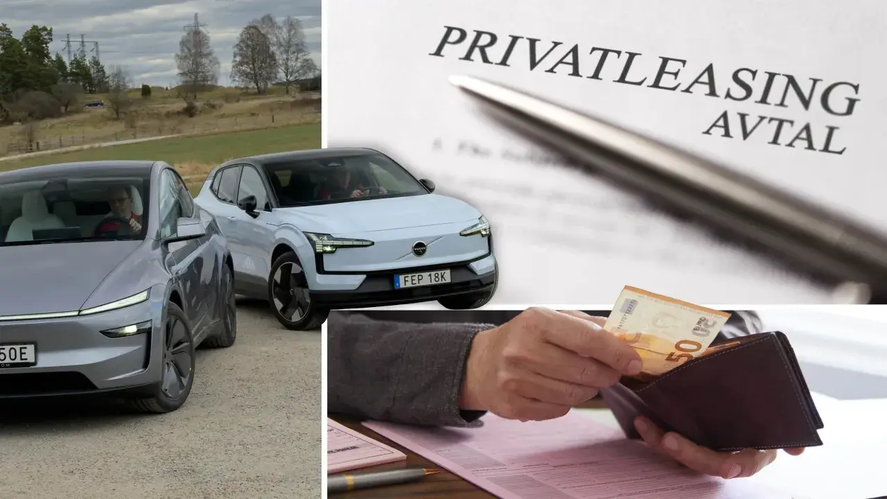 Två elbilar, en privatleasingavtal och en hand som stoppar sedlar i en plånbok. Vad kostar det att leasa en bil?