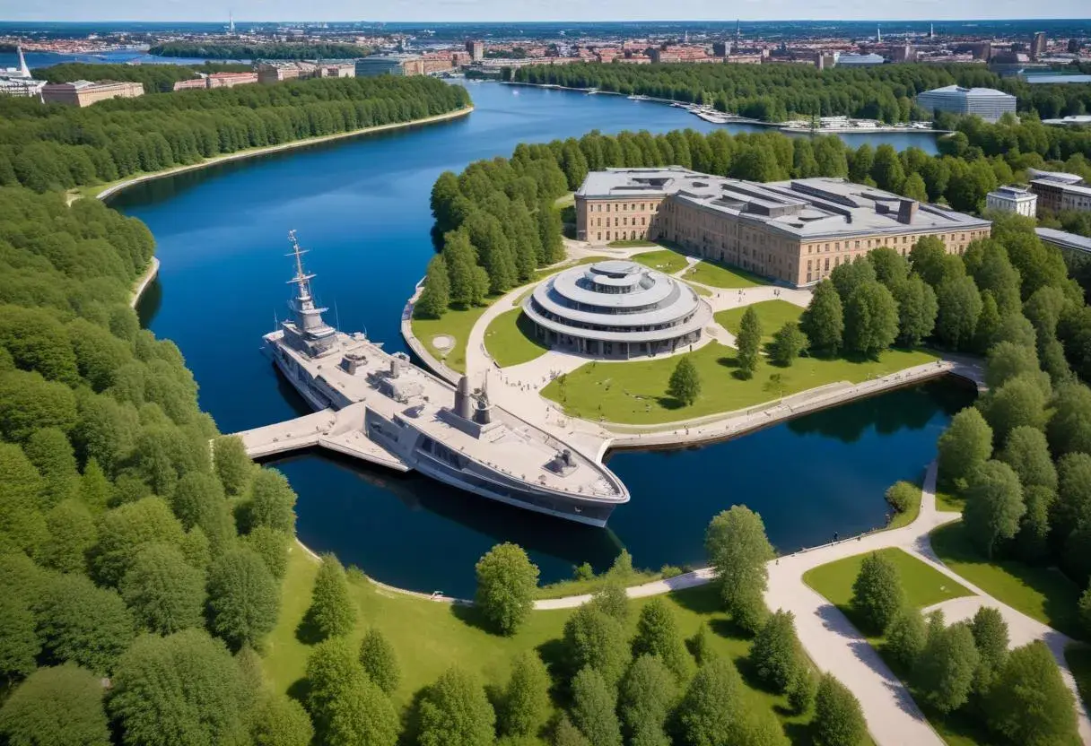 Vrak museum med ett stort fartyg vid kajen, omgivet av grönska och vatten.