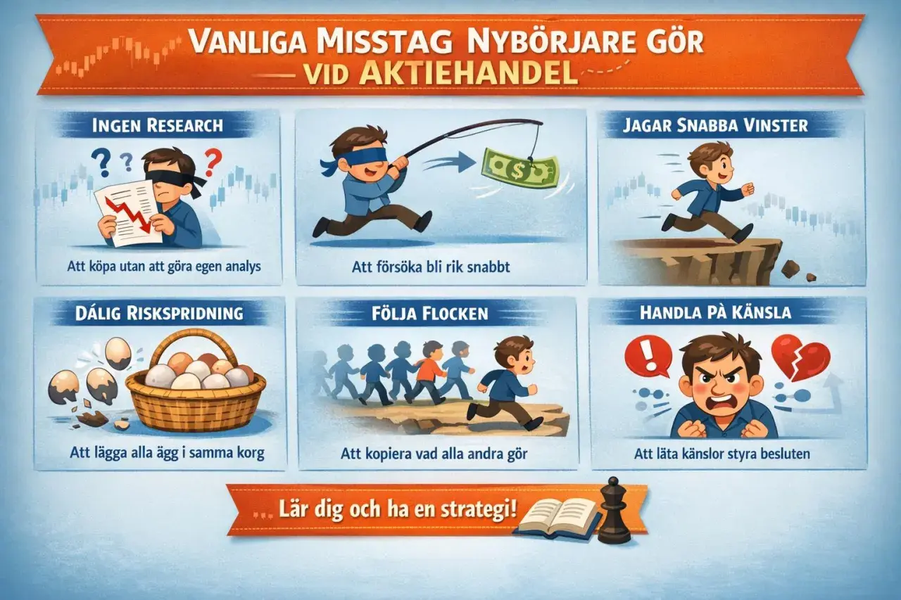 Illustrationer visar vanliga misstag vid aktiehandel: ingen research, jaga snabba vinster, dålig riskspridning, följa flocken, handla på känsla. Lär dig och ha en strategi!
