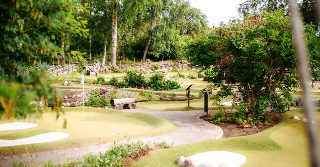 En grönskande minigolfbana i Aspudden med sandbunkrar, stenar och en träbänk.