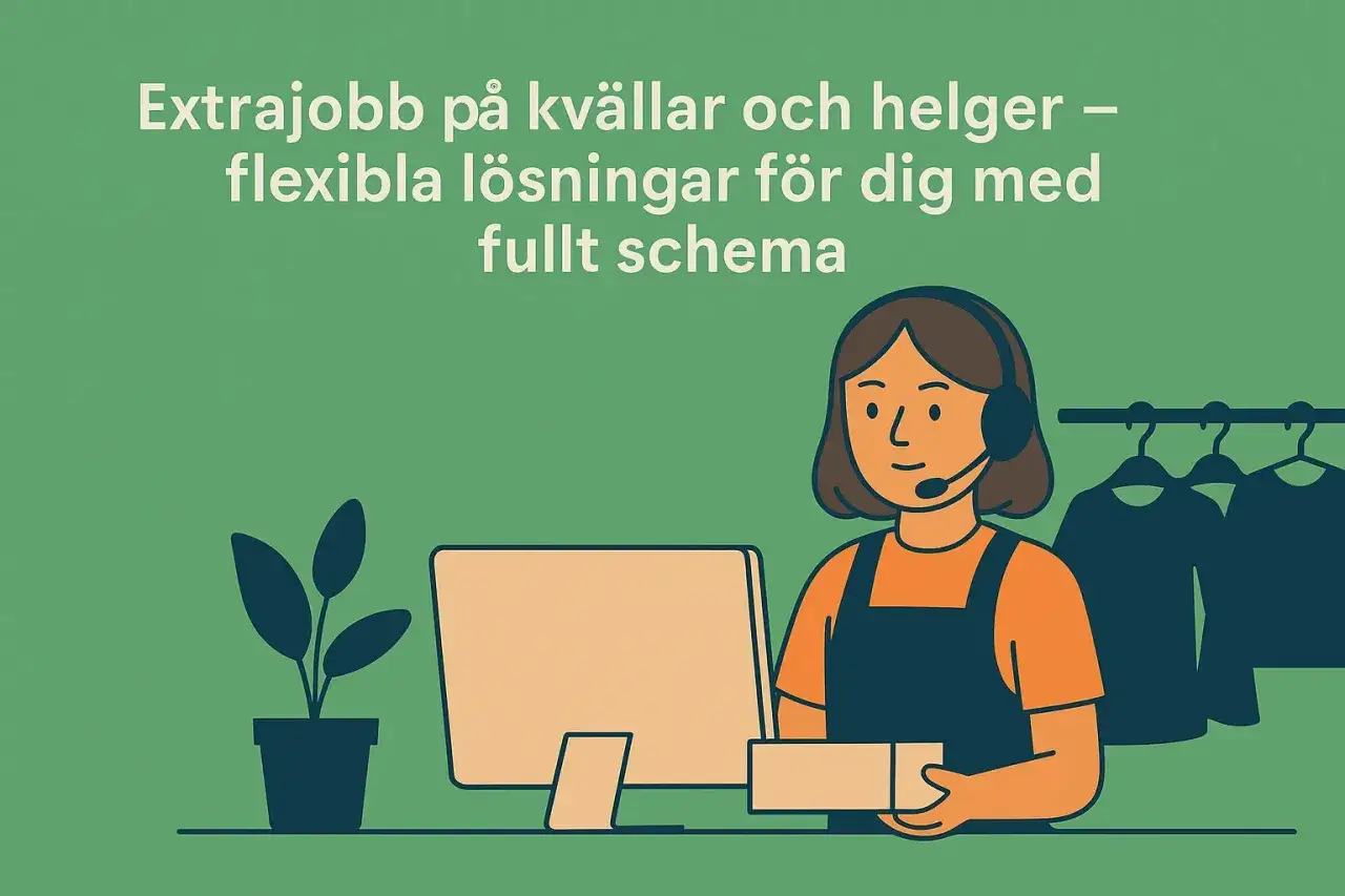 En person med headset vid en dator, som arbetar hemifrån för en extra inkomst. Bakom syns kläder på galgar.