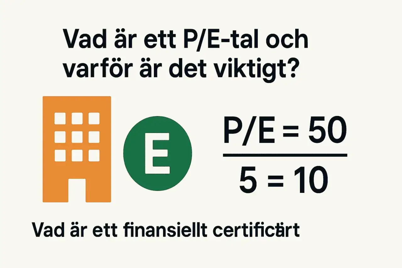 Bilden förklarar P/E-tal, ett nyckeltal för aktier, med en formel och illustrationer.