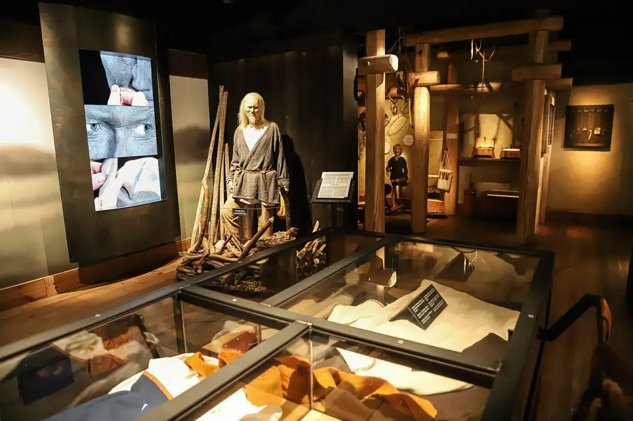 Vikingamuseum med en skyltdocka, utställningsmontrar och en skärm som visar hur man skulpterar.
