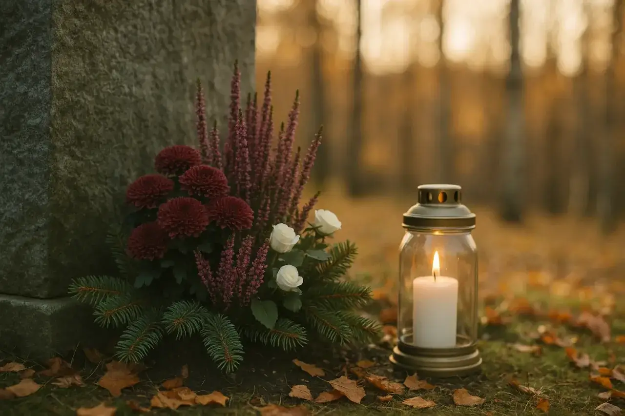 Blommor och en brinnande ljuslykta vid en gravsten, en stämningsfull bild för Allhelgonadagen i Sverige.