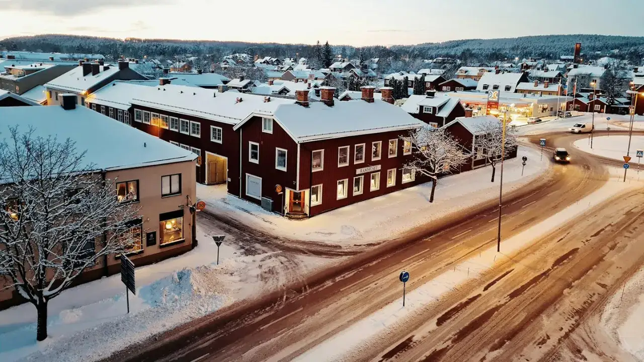 Snöig stadsväg med röda hus, en resa från Falun till Stockholm kan börja här.