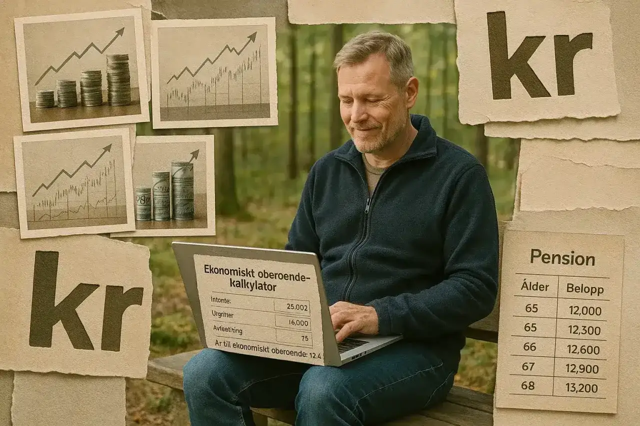 Man planerar för ekonomiskt oberoende vid 55 med en kalkylator på en laptop. Grafiska illustrationer av stigande kurvor och staplar av mynt förstärker budskapet.