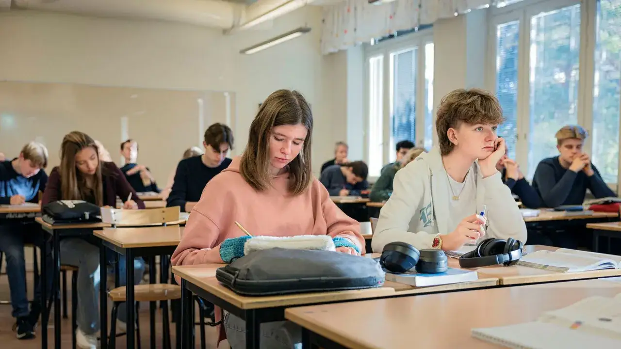 Elever sitter vid sina b&auml;nkar och skriver under ett gymnasium test.