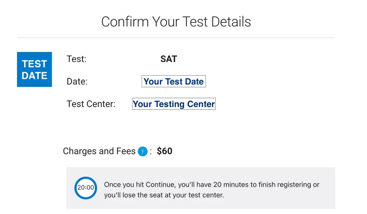 Bekräfta dina SAT-testdetaljer i Sverige. Datum, testcenter och avgifter visas. Skynda dig att slutföra registreringen!