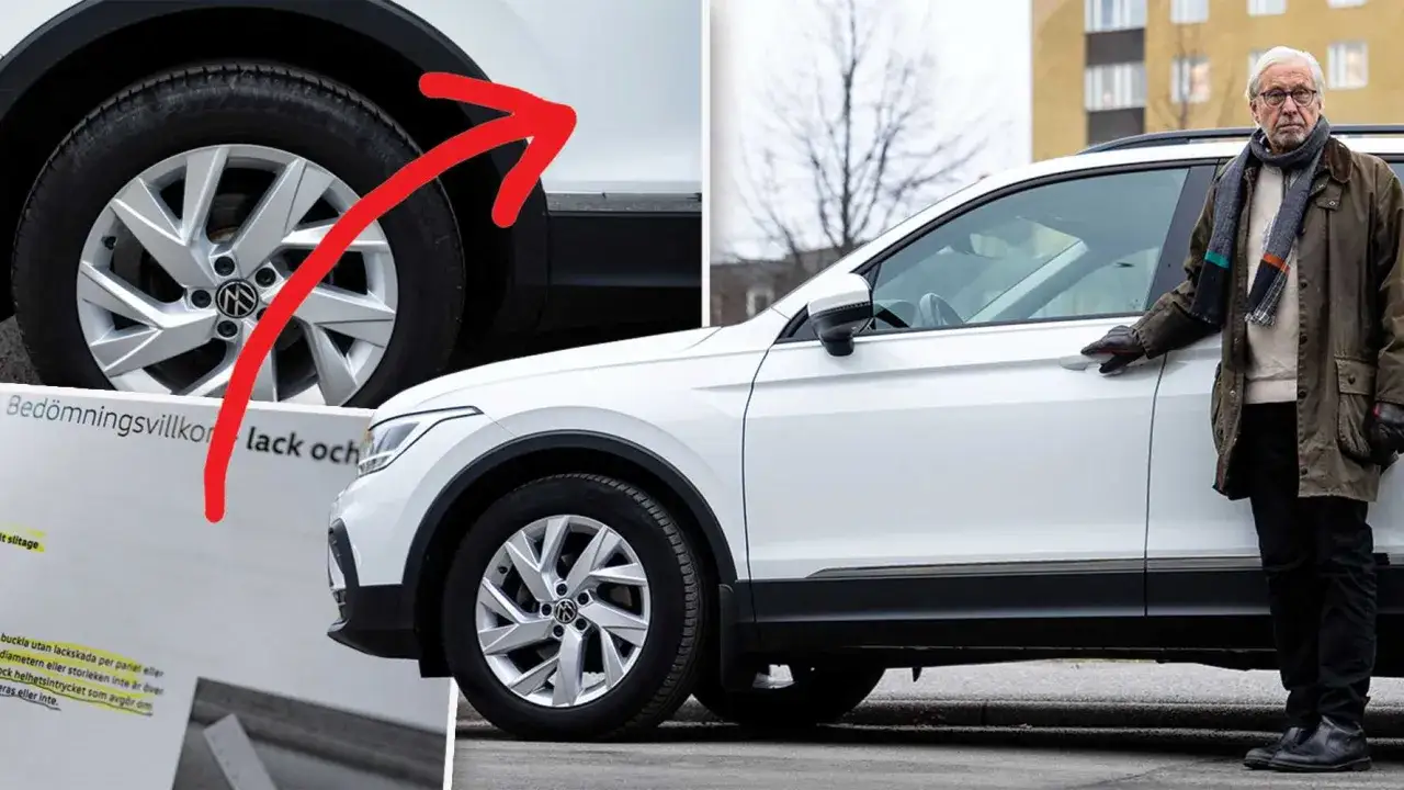 Man leasar en begagnad bil. En äldre man står vid en vit bil och en röd pil pekar mot däcket och en text om bedömningsvillkor.