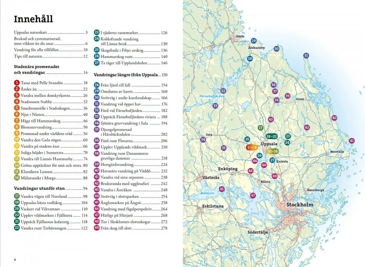 Karta &ouml;ver vandringsleder uppsala och omgivningar. Numrerade cirklar visar olika vandringsomr&aring;den.