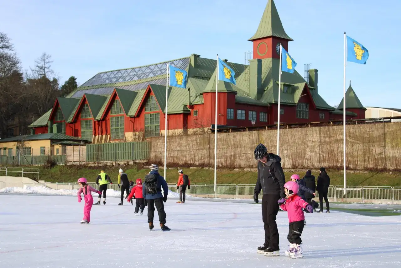 Barn och vuxna njuter av stockholm ice skating vid en vacker byggnad med grönt tak och svenska flaggor.