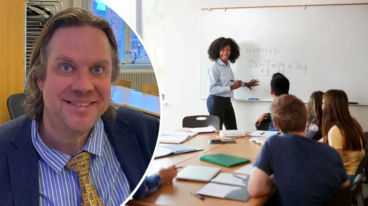 Man ler mot kameran, till h&ouml;ger en lektion i matematik p&aring; gymnasiet.