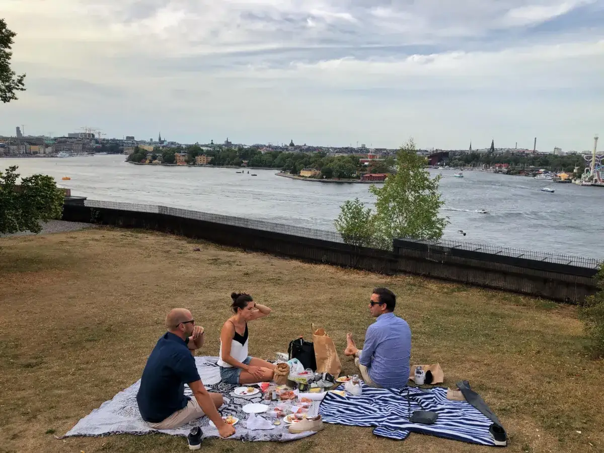 En härlig picknick i Stockholm med vänner, med utsikt över vattnet och stadens silhuett.