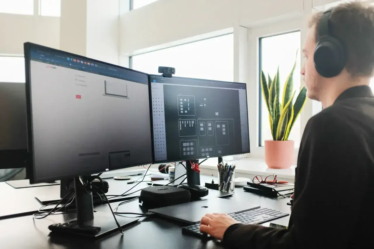 En ux designer med hörlurar arbetar vid två skärmar som visar designscheman och gränssnitt.