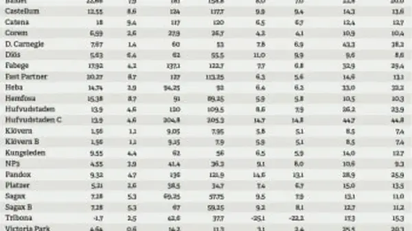 Tabell med bolagsnamn och siffror, där "p/e tal minus" kan vara en kolumn.